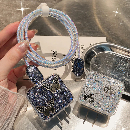 Glitter Butterfly USB Protector Cover For iPhone 12 / 13  18W-20W Data Line Head Cord Fast Charging Case