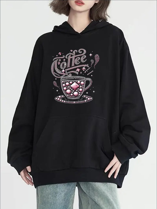 Coffee Print Kangaroo Pocket Hoodie, Casual Long Sleeve